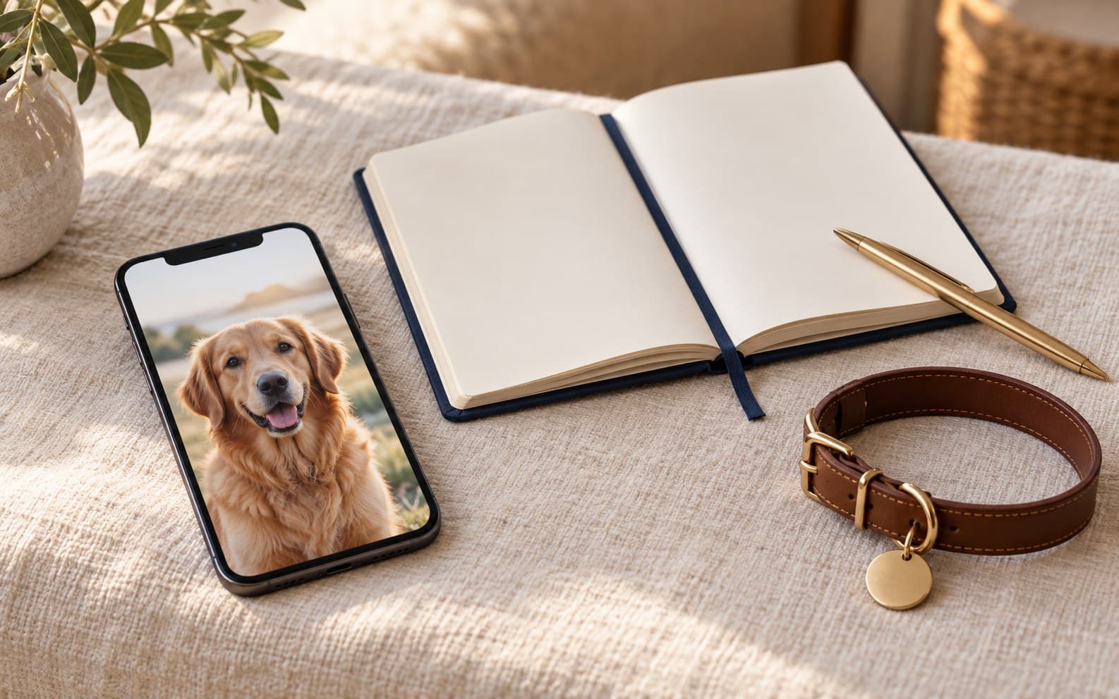 A dog pictured on a caregiver’s phone beside a notebook and collar