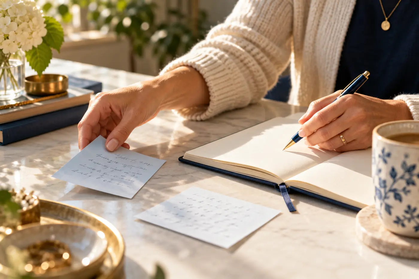 A person reflecting on beliefs in a journal