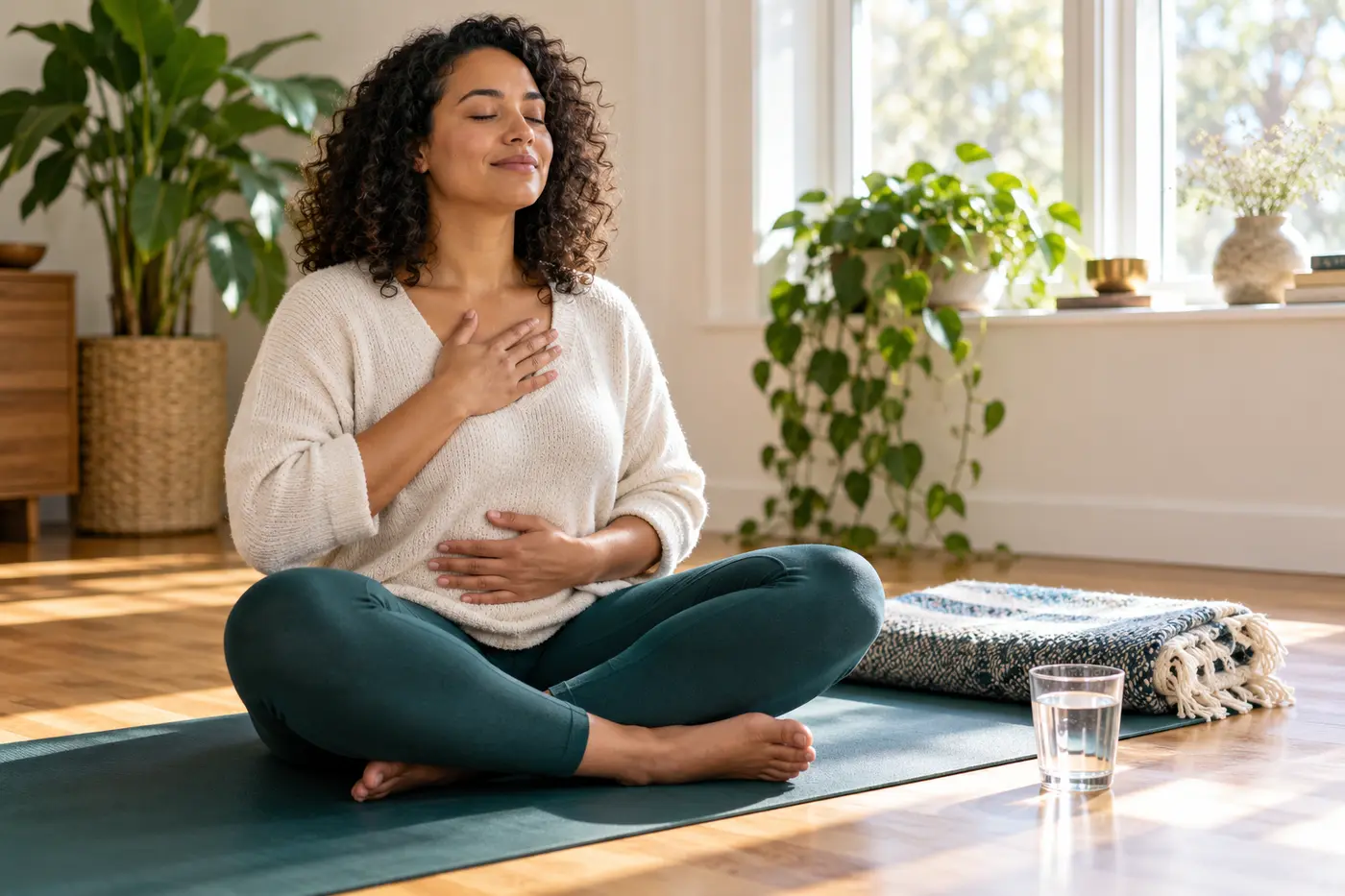 A woman practicing calm body awareness